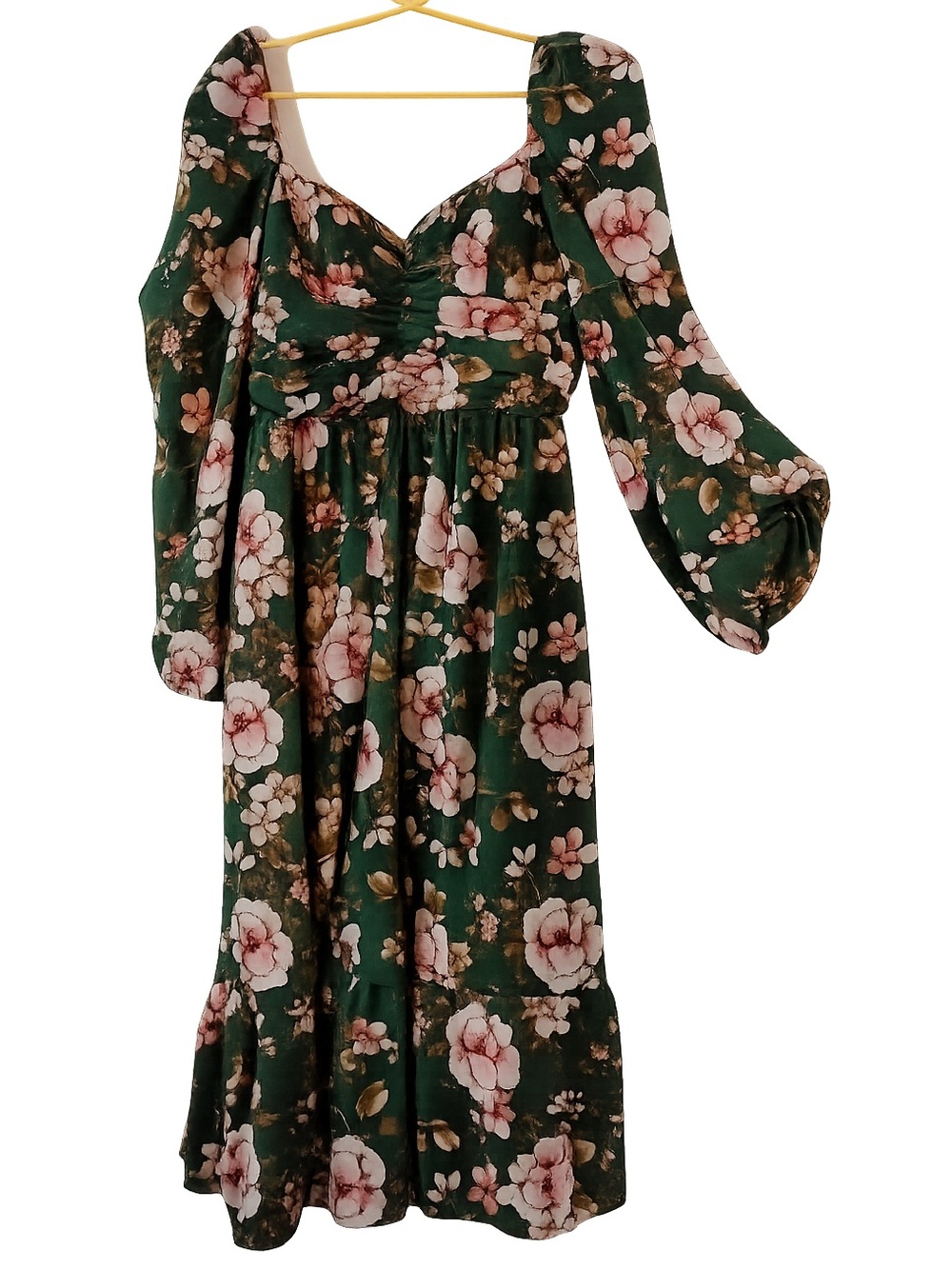 Green Floral Maxi Dress with Long Puff Sleeves